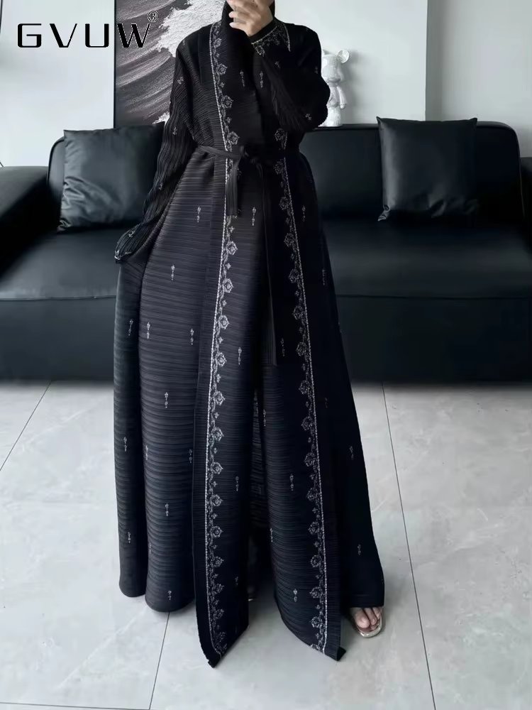 GVUW Pleated Print Trench Coat Women Full Sleeve Lapel Lace-up Vintage Style New 2025 Fashion Female Long Windbreaker 17G8032