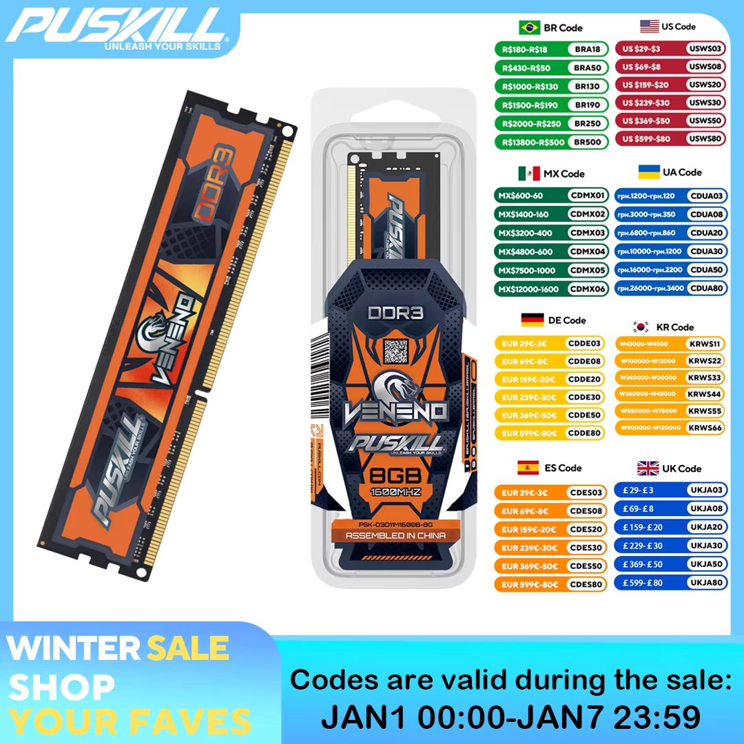 PUSKILL Veneno DDR3 Memoria RAM 8GB 4GB 1.5V 1600MHz 1333MHz 240-PIN Memória Desktop Udimm DIMM Memory