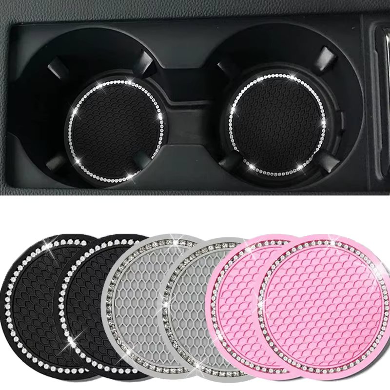 2Pcs Car Bling Rhinestone Cup Holder Drink Pad Interior Decoration Anti-slip Mat Round Durable Coaster Heat Resi Car Accessories