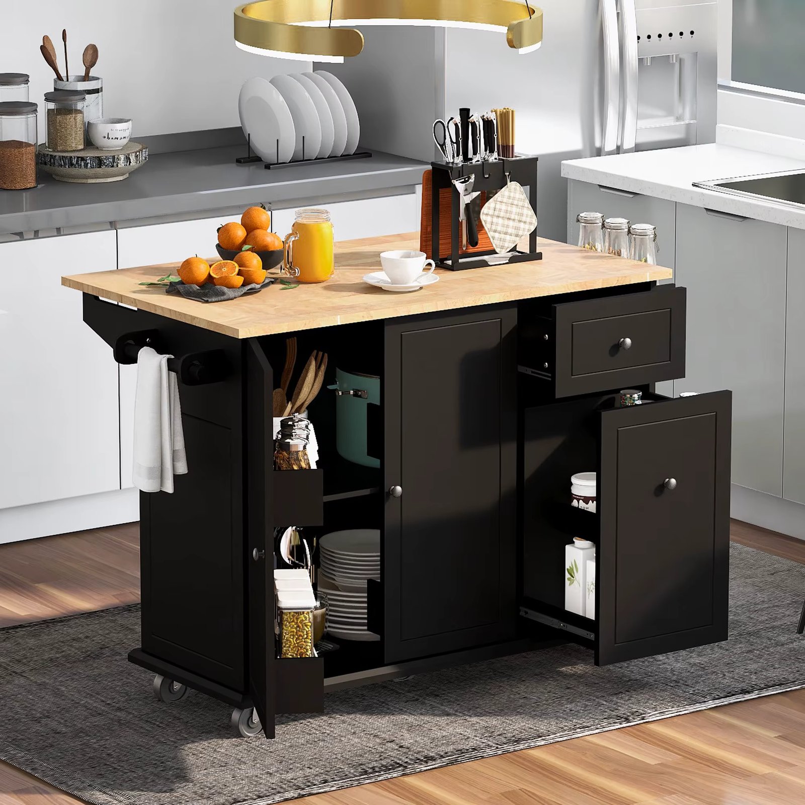 Kitchen Island with Drop Leaf, 53.9" Width Rolling Kitchen Cart on Wheels with Internal Storage Rack and 3 Tier Pull Out Cabinet