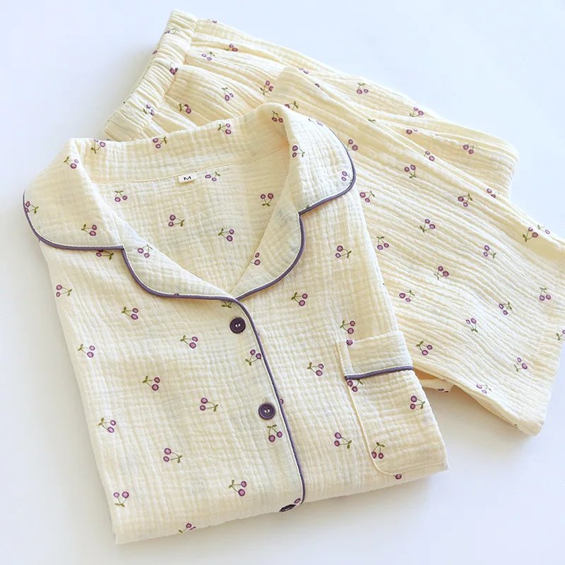 2023 100% Cotton Women's Pajama Autumn Spring Long Sleeve Soft Sleepwear Cherry Print Pyjama Woman Home Nightwear Set Cardigan