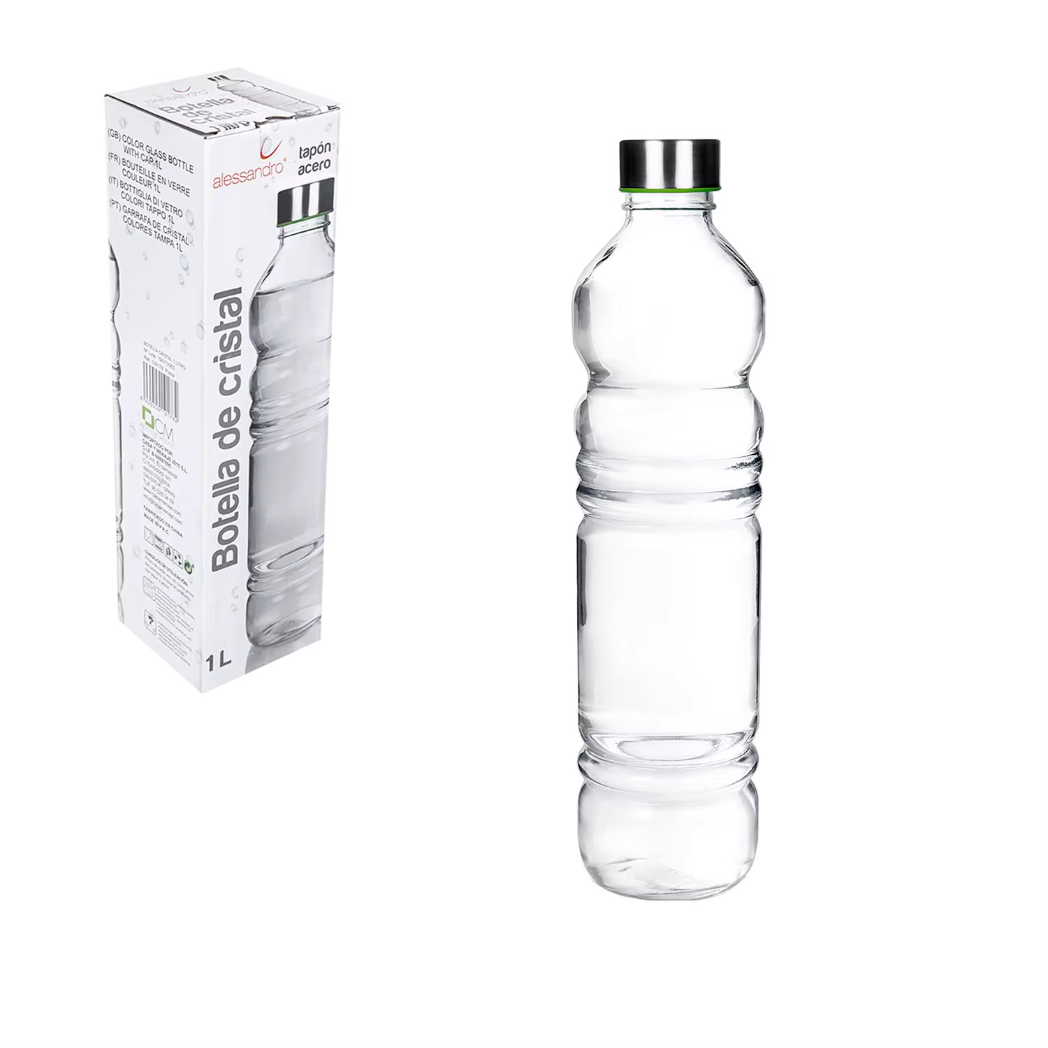 CM-1 liter glass water bottle, with steel stopper. Reusable bottle, large, transparent and resistant, available in two designs. Ideal for any type of drink, suitable for fridge and dishwasher.