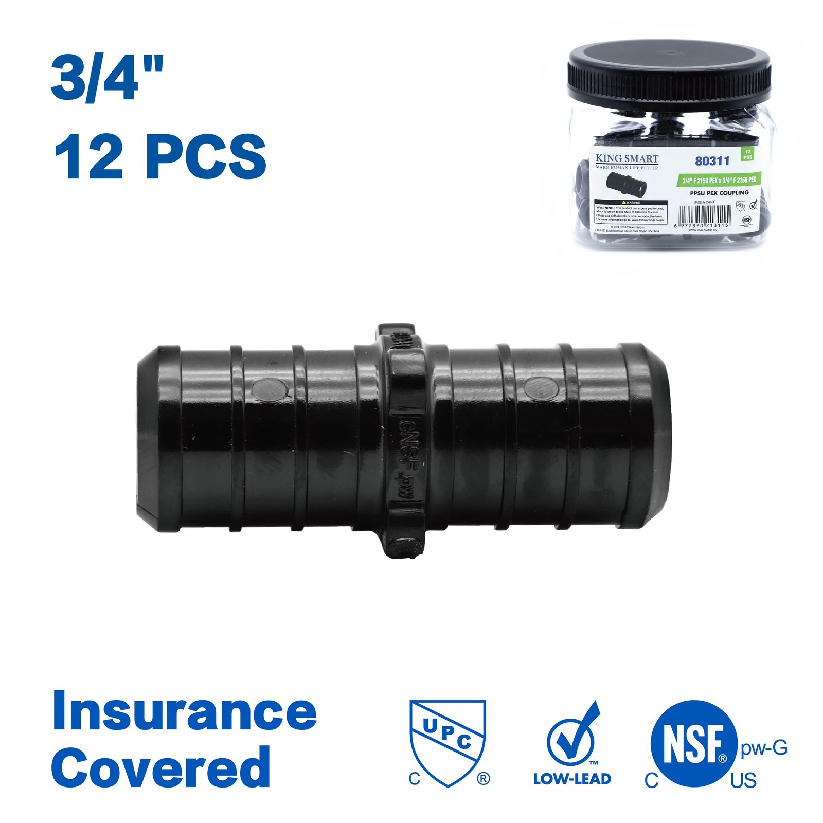 KING SMART Crimp/F2159 PEX 3/4" * 3/4" PEX Coupling; 12Pcs/Case; PPSU; 80311