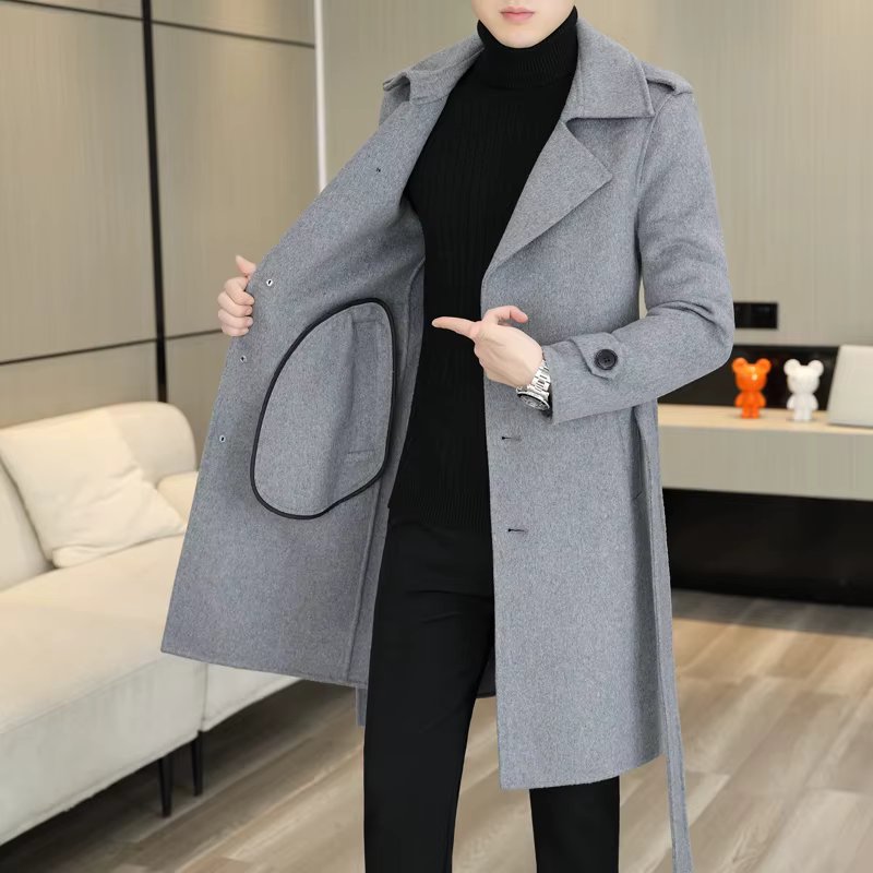 Double-sided tweed coat Men 2023 autumn/winter new 70% wool coat cashmere lace-up mid-length trench coat  Wool / Polyester