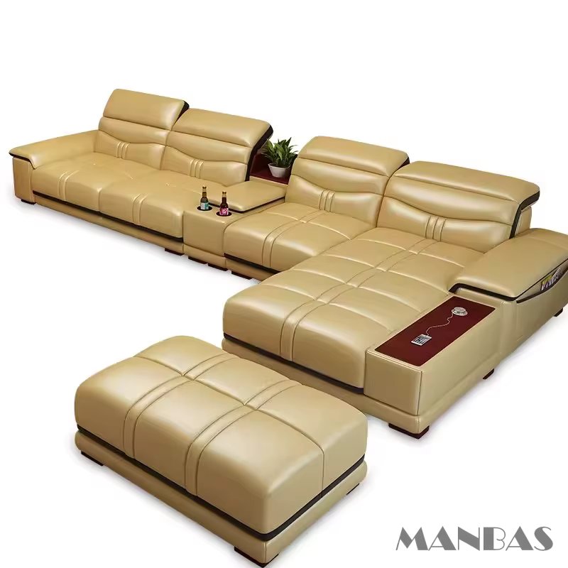 Upgrade Your Home with MINGDIBAO Genuine Leather Sofa - Cup Holder, Storage, Adjustable Headrests & USB Charging- Italian Design