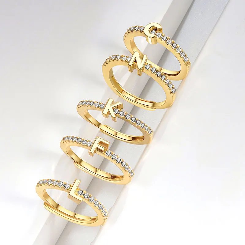 VENTFILLE 925 Sterling Silver 26 English Letter Zircon Diamond Studded Ring Adjustable For Women Gift Jewelry Dropshipping