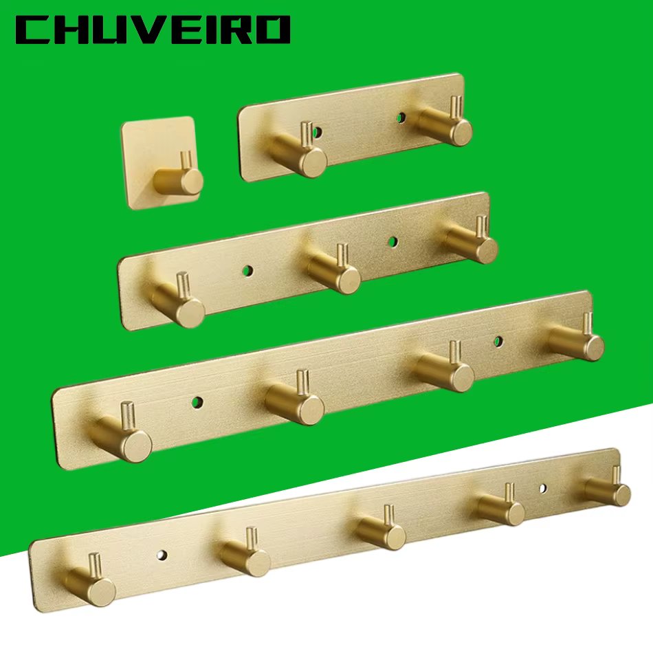 Matte Gold Bathroom Hook Adhesive Aluminum Creative Lavatory Wall Mounted 2 3 4 5 Robe Hooks Clothes Coat Towel Door Holder Rack