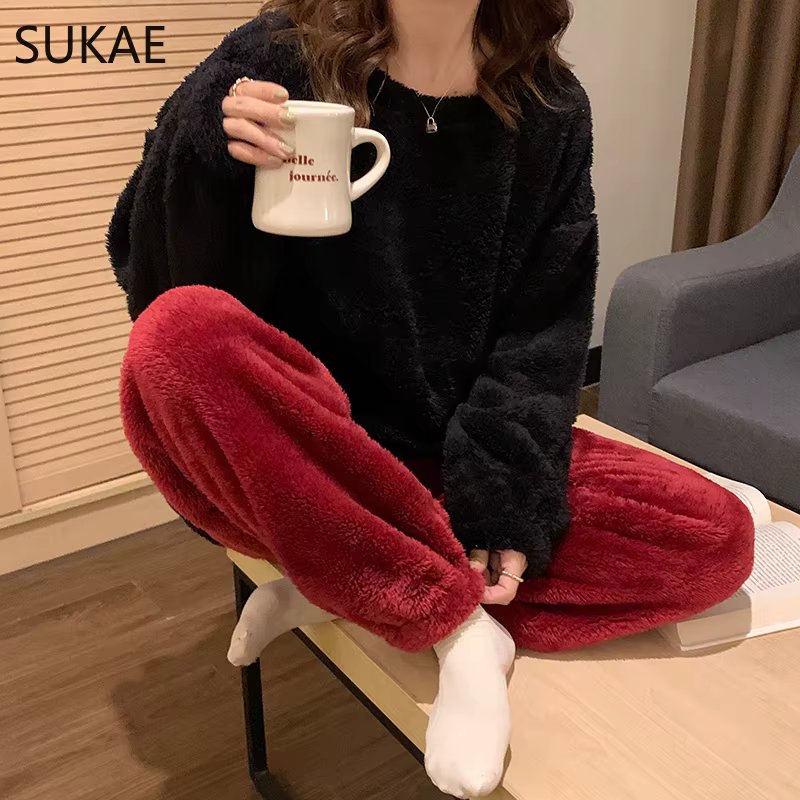SUKAE Winter Warm-warm Women Pajamas Set Solid Preppy Girl Pyjamas Leisure Long Sleeves Plush Velvet Sleepwear Teenagers Pijama