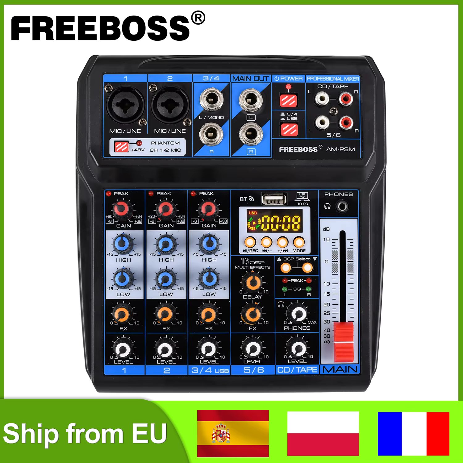 Freeboss 6 Channel 2 Stereo Sound Audio Mixer 2 Mono 16 Effects DC 5V Bluetooth USB Computer Record Mixing Console AM-PSM