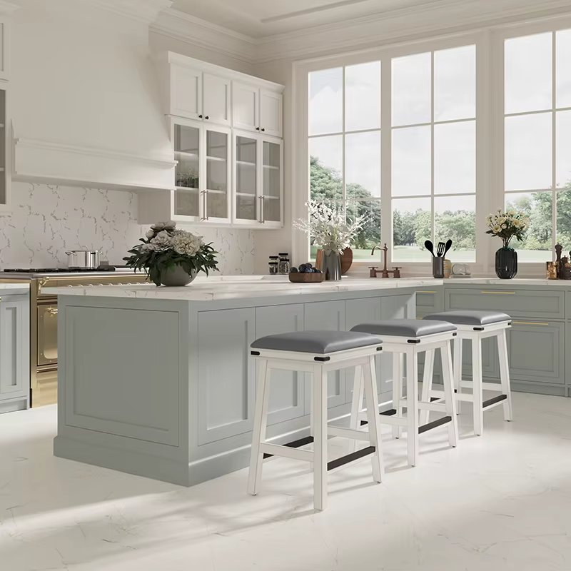 24" Counter Stool,Contemporary High-density Foam Cushion and Soft Bonded Leather Antique White, Gray Leather Seat On-Site