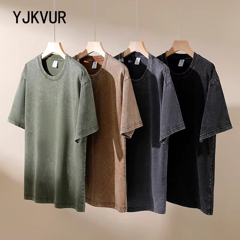 YJKVUR 100% Cotton Washed Vintage Oversized T-shirt Men's Clothing 2024 Summer New Causal Korean Y2k Classical Short Sleeve Tops