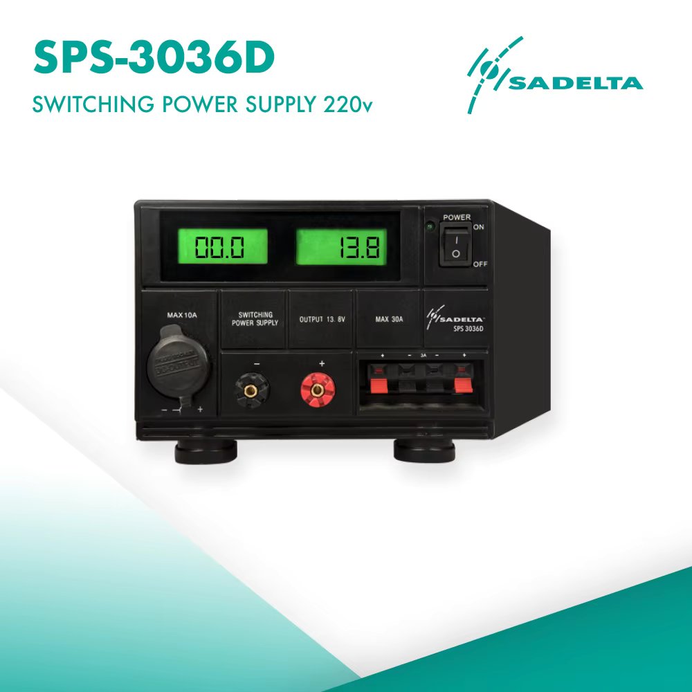 SPS3036D digital Switched Power Supply 13,8 volts. 30 amps, maximum peak 35 amps. Equipped with measuring instruments for the consumption of amperage and the supply voltage of 13.8 volts