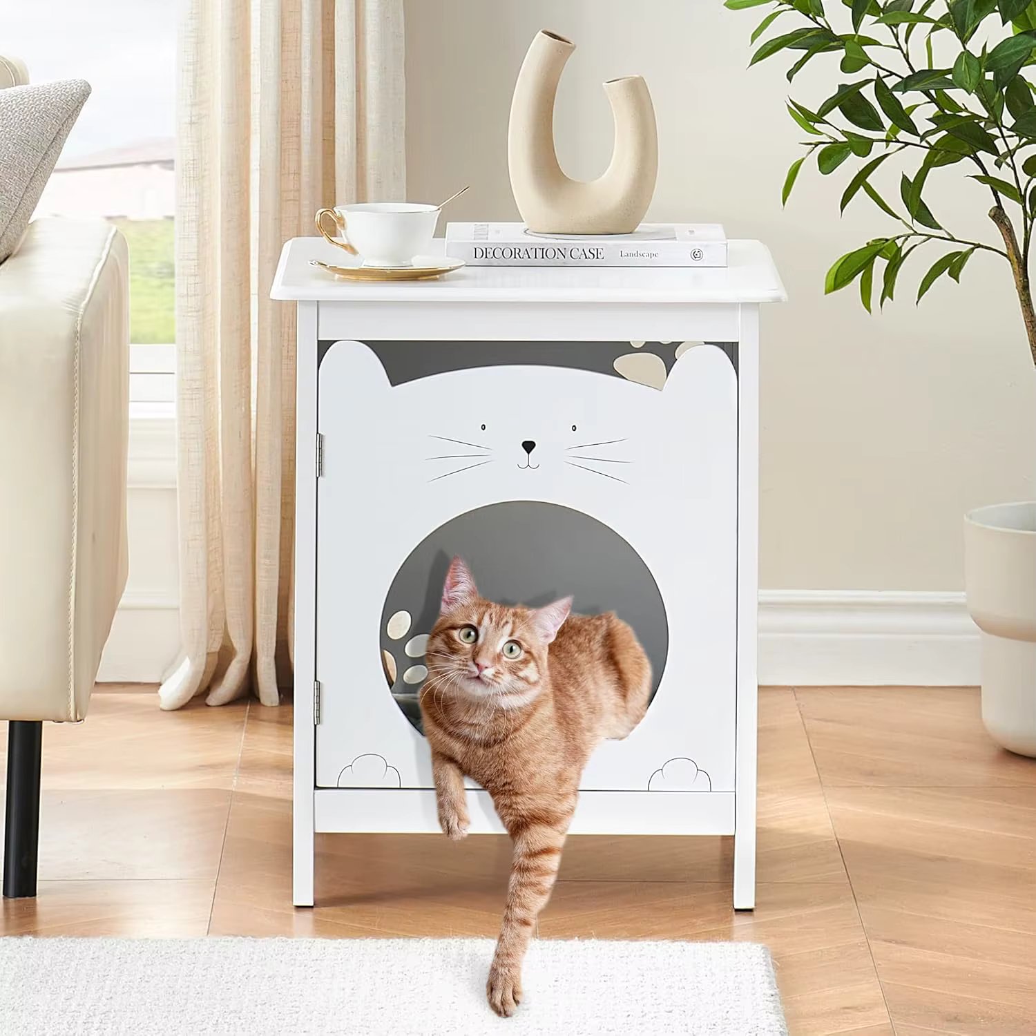 Nightstand & Cat House, Side Table Pet House with Door, Vent, Soft Mat, Home Decorative Side Table, Indoor Furniture Pet Crate