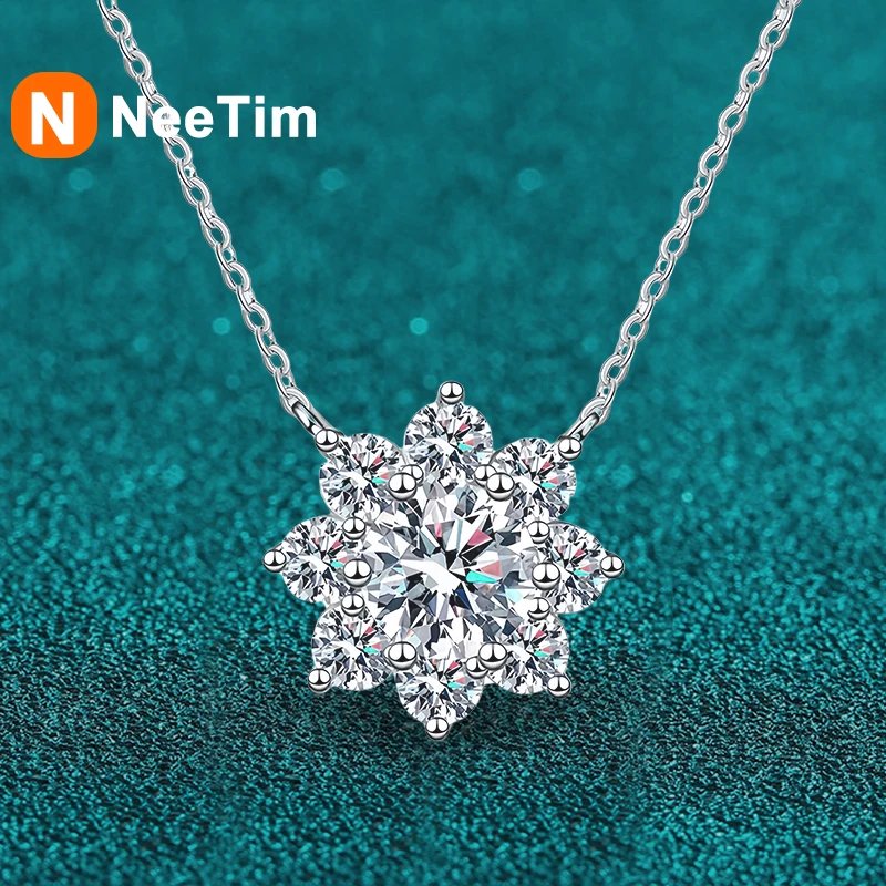 NeeTim 1CT Moissanite Diamond Necklace For Woman Pendant 925 Silver Plated with White Gold Chains Party Bridal Fine Jewelry Gift