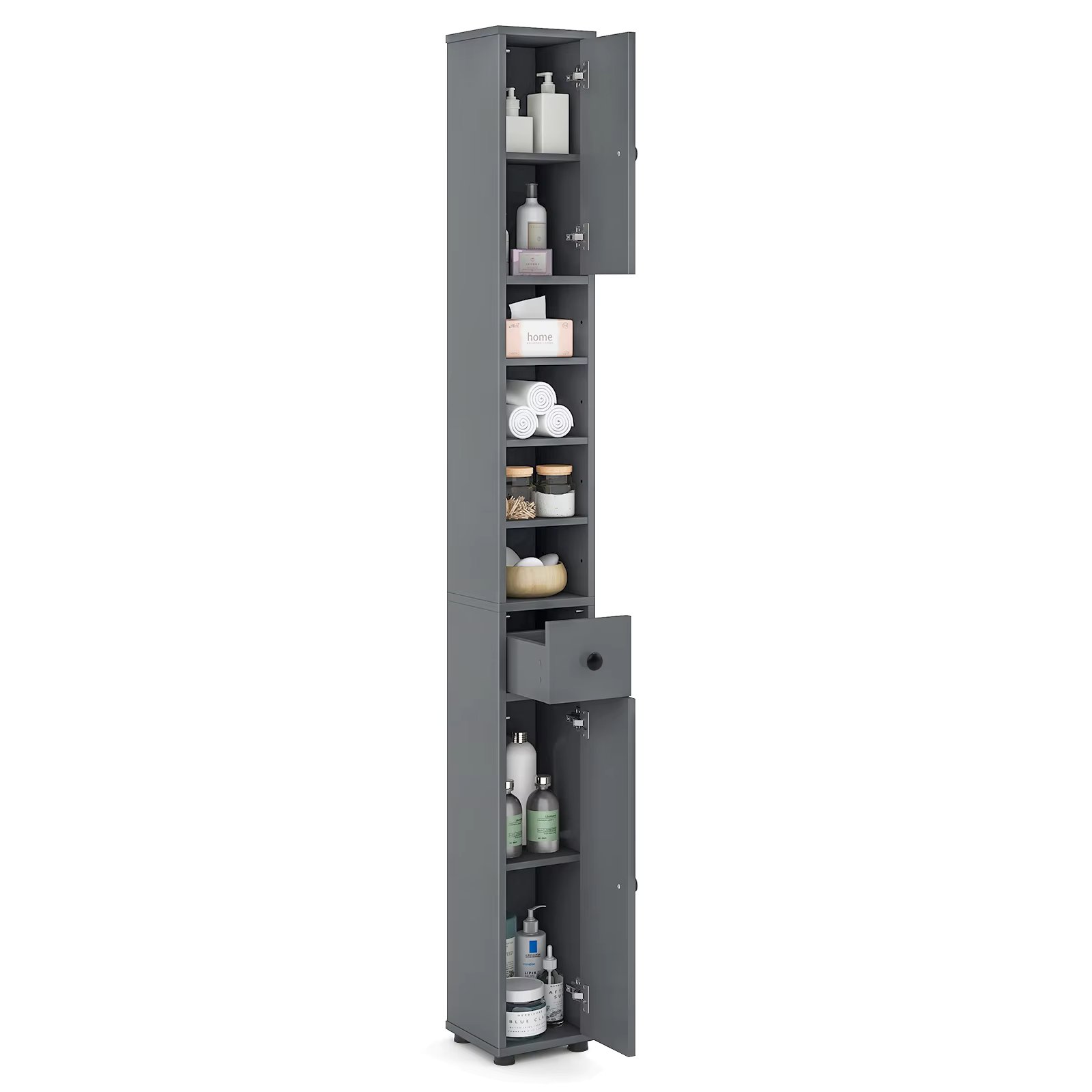 ERGOMASTER Bathroom Tall Cabinet Slim Freestanding Storage Organizer Cupboard With 2 Doors