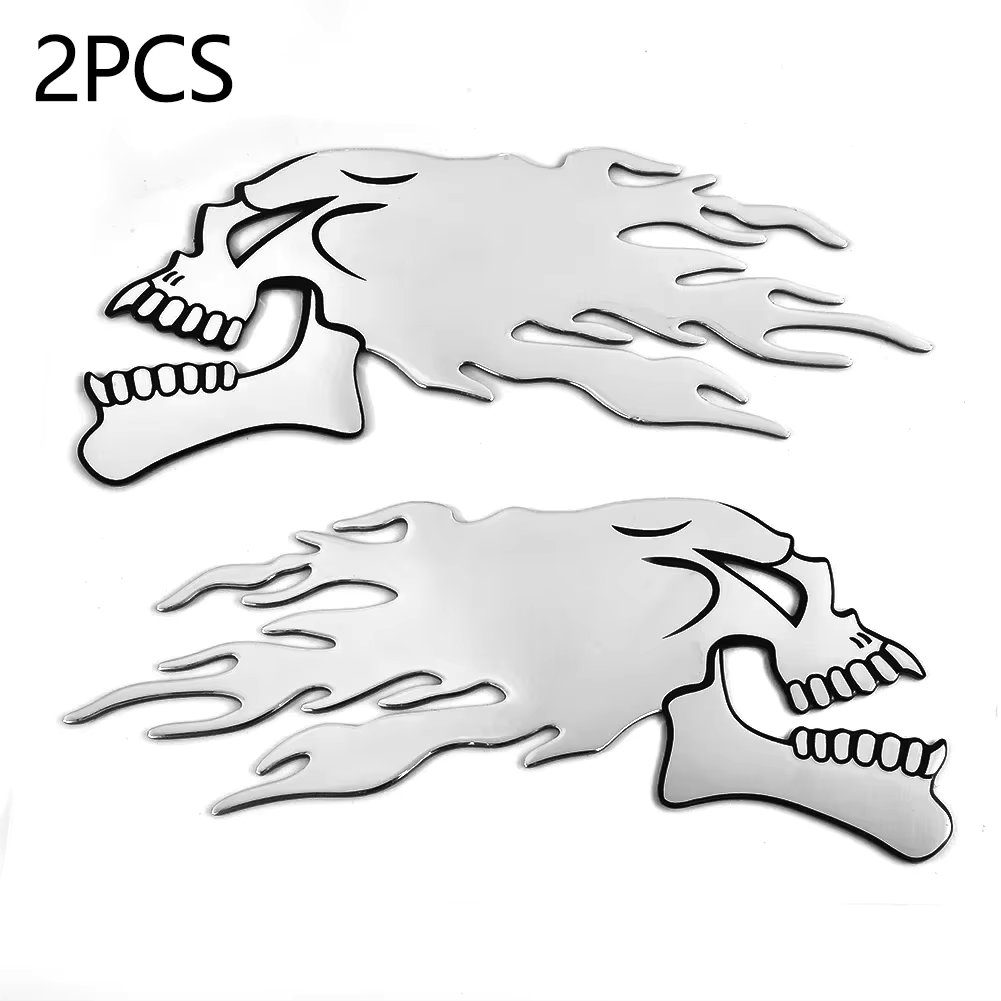2 PCS Motorcycle 3D Sticker Car Sliver Flaming Skull 3D Gel Sticker Decal L/R Pair Waterproof Car Sticker Motorcycle Decoration
