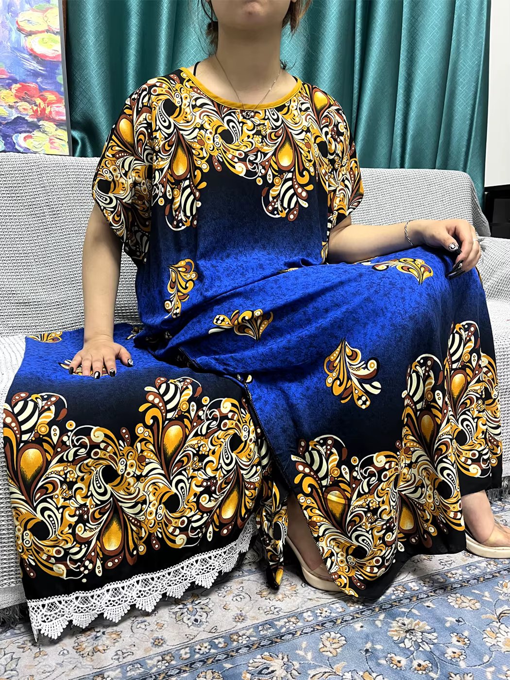 Abayas For Women 2024 Summer New Floral Cotton Printed Loose Femme Robe Muslim African Islam Dresses With 160x80cm Lace Scarf