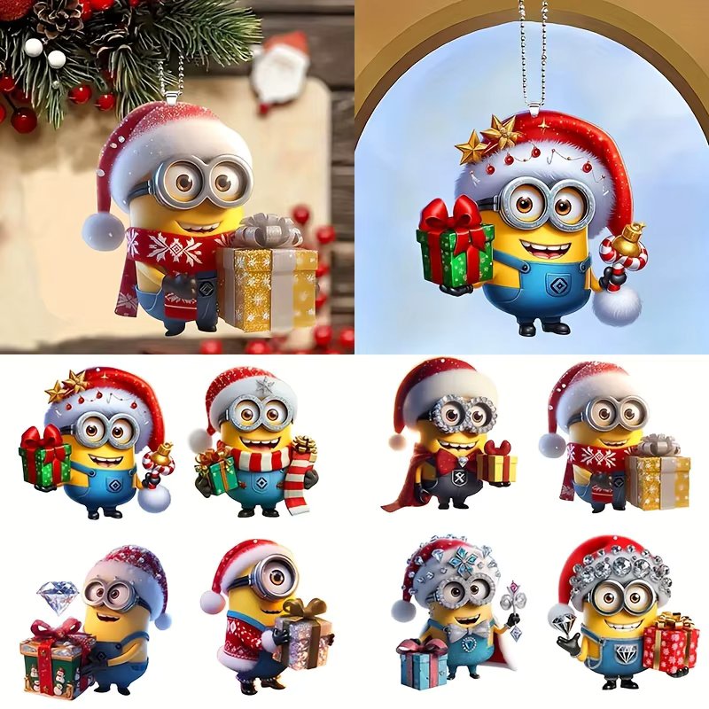 4/8PCS Minions Christmas Tree Ornaments 2D Acrylic Double-Sided Cars Backpacks Keychains for Holiday New Year Christmas Decor