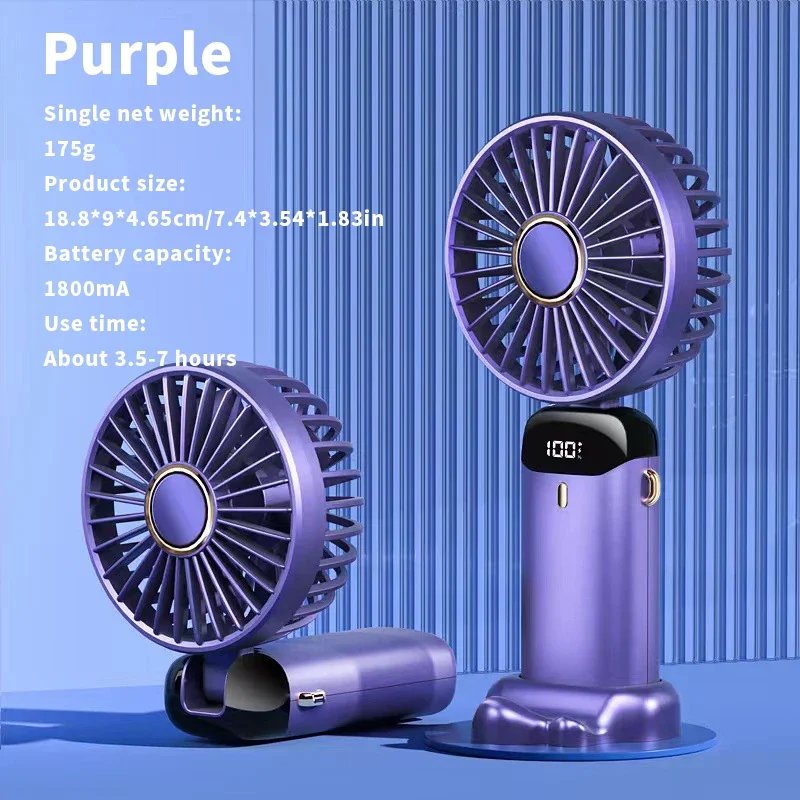 Handdeld Fan With Phone Stand Portable Fan 90° Foldable Fan Neck Hanging Fans 1800mAh USB Rechargeable and Display Screen