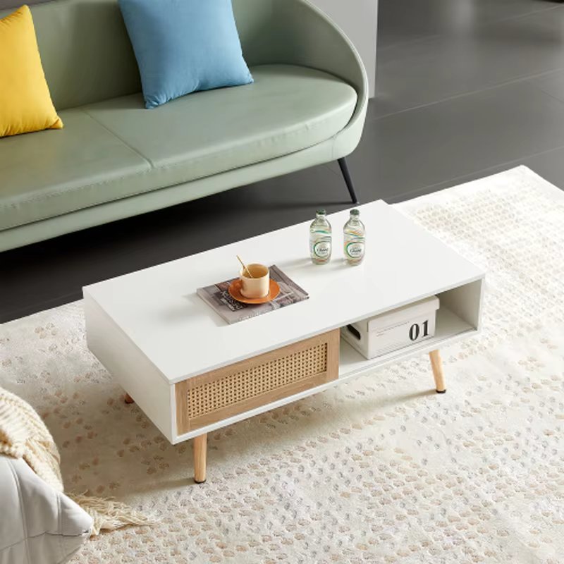 41.34" Rattan Coffee table, sliding door for storage, solid wood legs, Modern table for living room ,White