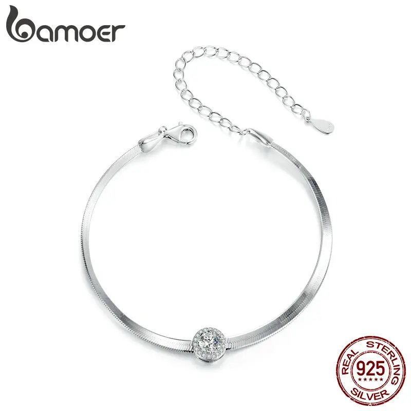 BAMOER 0.5CT Moissanite Halo Pendant Bracelet Exquisite 925 Sterling Silver Snake Chain Link for Women Wedding Fine Jewelry Gift