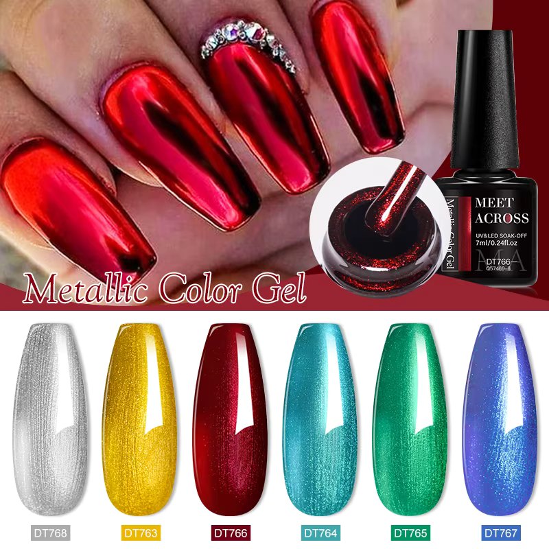 MEET ACROSS 7ml Metallic Color Gel Nail Polish Red Blue Silver Mirror Nail Art Gel Varnish Nail Supplies Soak Off For Manicure