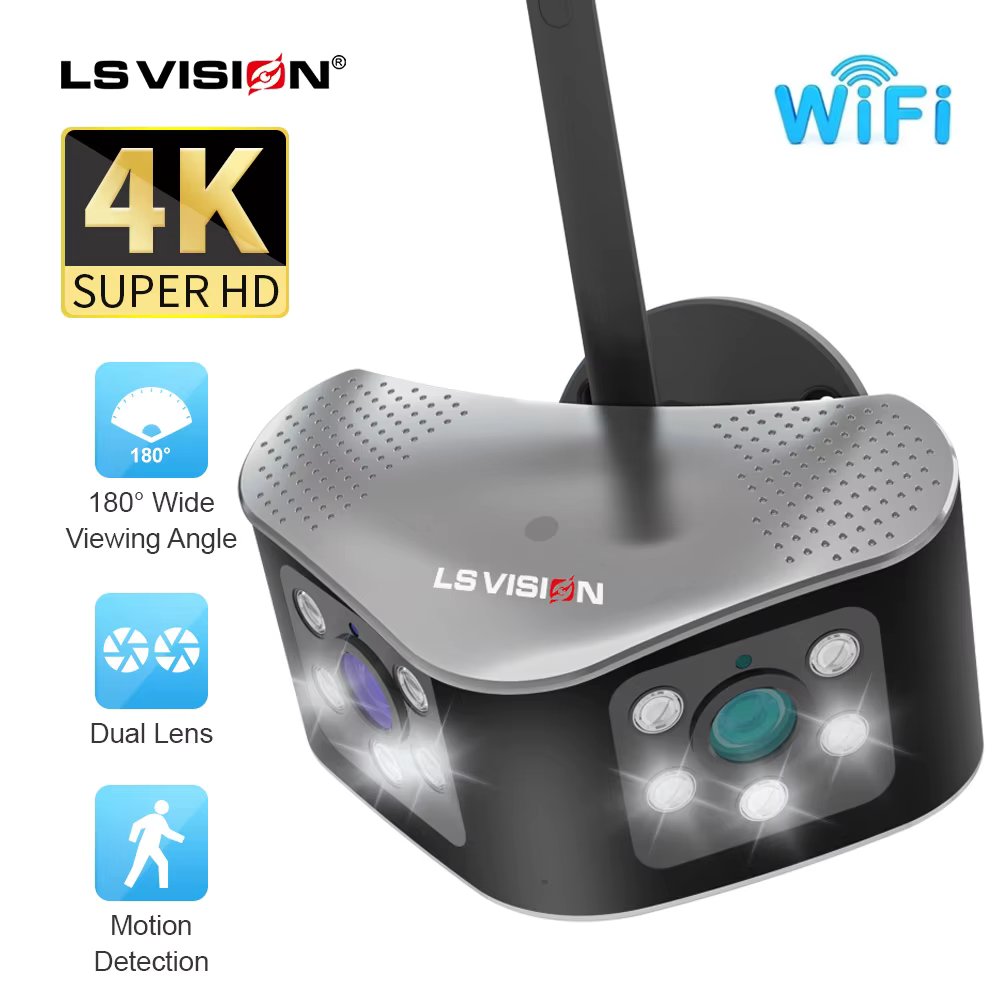 LS VISION 8MP 4K 180° Ultra Wide View Angle Panoramic WIFI Dual Lens IP Camera Outdoor Motion Detection Home Security Camera