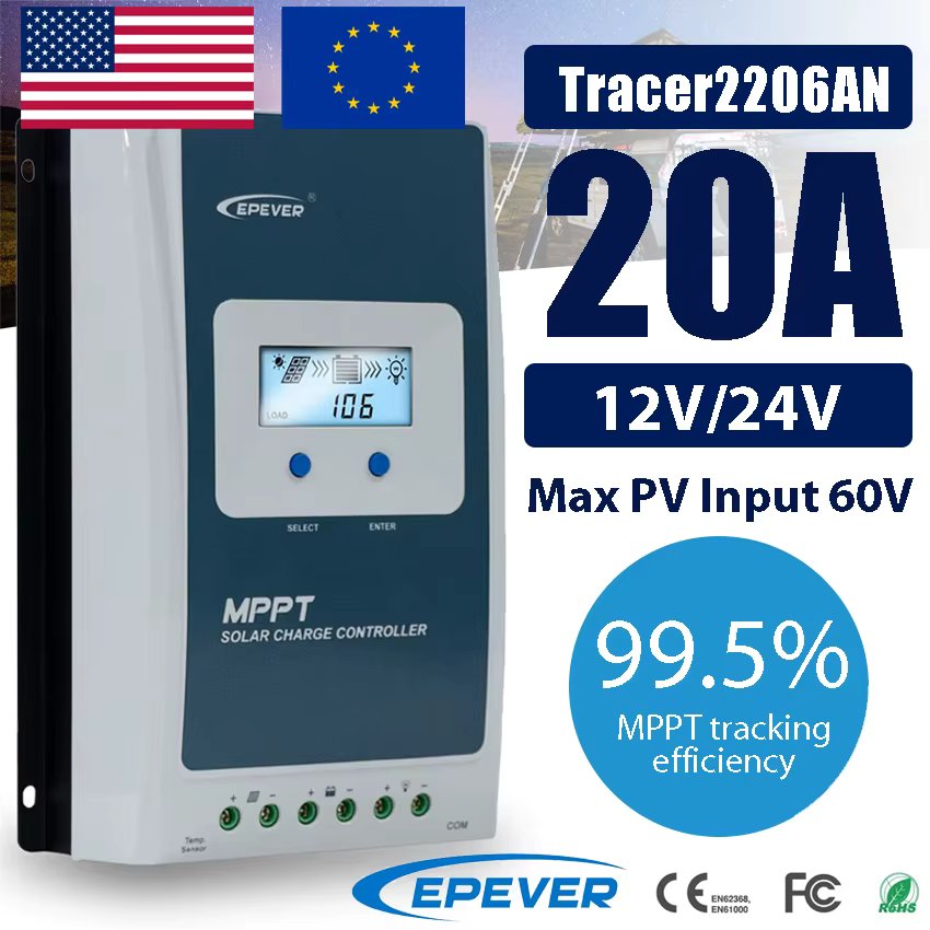 20A MPPT Solar Charge Controller 12/24V Battery Max PV Input 60V With MC Solar Panel Connector EPEVER Regulator Tracer2206AN