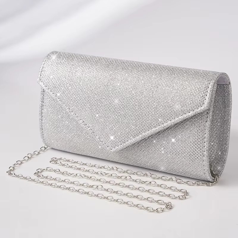 Women Envelope Evening Bag Glitter Ladies Chain Shoulder Bags Shiny Silver Long Purse Female Wedding Party Clutches Mini Handbag