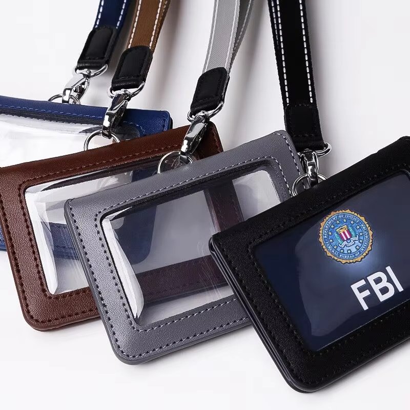 4-Sided Transparent Window Leather Badge Holder with Lanyard ID Card Case Work Accessories Staff Chest Cards Name Tag Holders