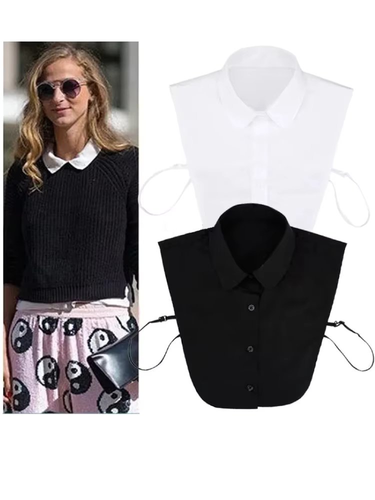 Women's Spring Fall Solid Colour Black White Vertical Small Flip Collar Versatile Shirt Jumper Jumper Fashion False Collar