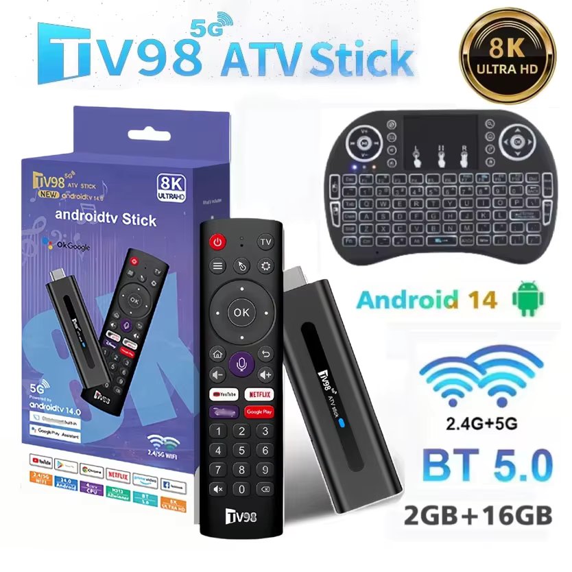 TV98 ATV Smart TV Stick 8K Android 14 H618 2.4G 5G Wifi Support OTA Media Player TV Receiver BT5.0 2GB 16GB Voice Remote TV Box