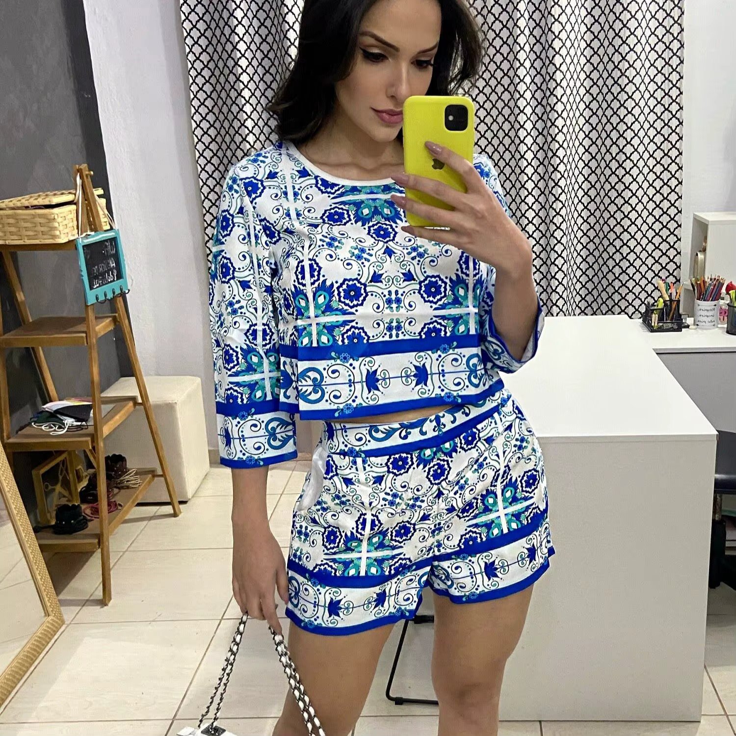 Women's Clothing/set/blouse and shorts/printed/floral/elastic/EMILIMODA/EM8763