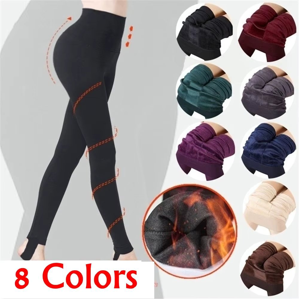 Women Winter Thermal Warm Velvet Thick Pantyhose Fluff Lined Stretch Slim Leggings Pants Ankle-Length
