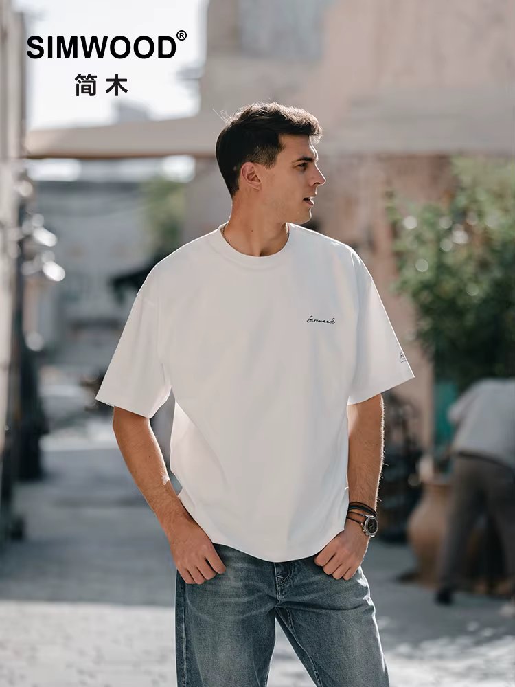 SIMWOOD 2024 Summer New Super Loose Heavyweight 320gsm 100% Cotton Washed Vintage T-shirts Men Plus Size Logo Embroidery Tops