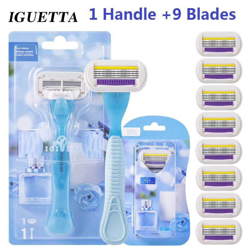 1 Handle +9 Blades/ Women Safety Razor Blade Face/ Leg/ Armpit/ Bikini Beauty Hair Removal Shaving Blade Compatible Venus Shaver