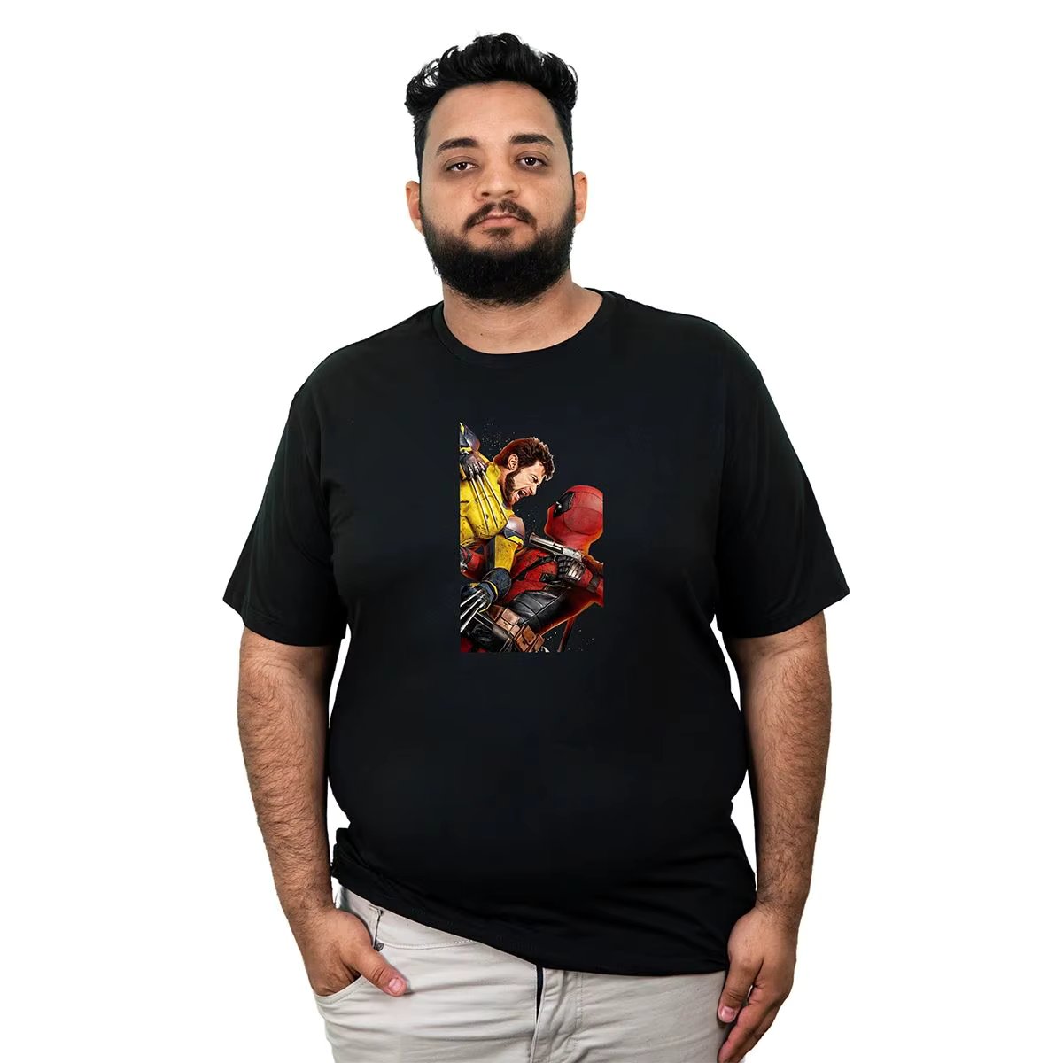 Men's Plus Size Premium Cotton Deadpool Wolverine Fight T-Shirt