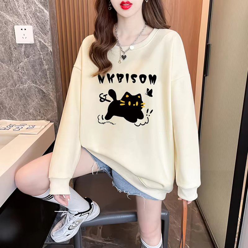 Women's overfit comfortable long-sleeved tee cute cat print fashion man-to-man spring autumn essential temp TS3059