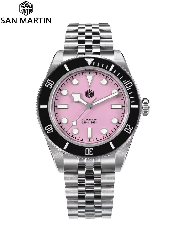 San Martin 40mm Diver Watch Pink Dial Stainless Steel NH35 Automatic Mechanical Watches for Men Sapphire Waterproof 200m SN0128