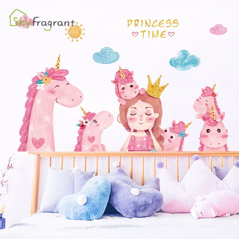 Princess Unicorn Baby Bedside Girls Bedroom Decoration Kids Room Decor Stickers Background Wall Sticker Home Decor Self-adhesive