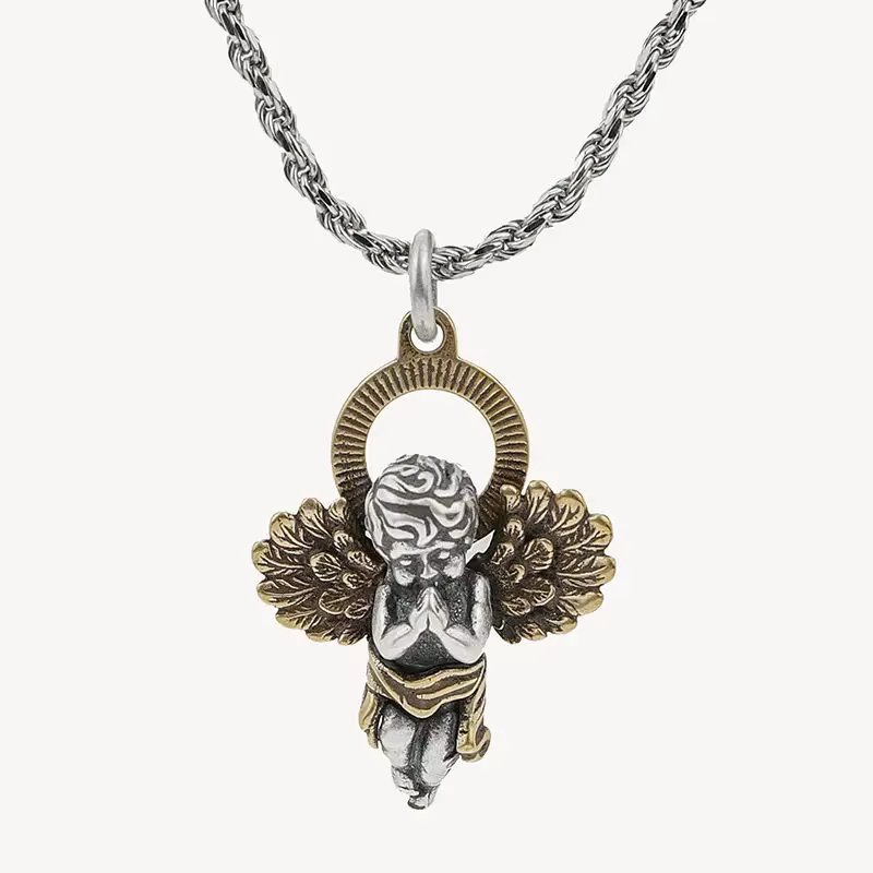 Personality Hip Hop Angel Wings Prayer Pendant Sweater Chain Charm Men and Women Couple Fashion Jewelry Gift