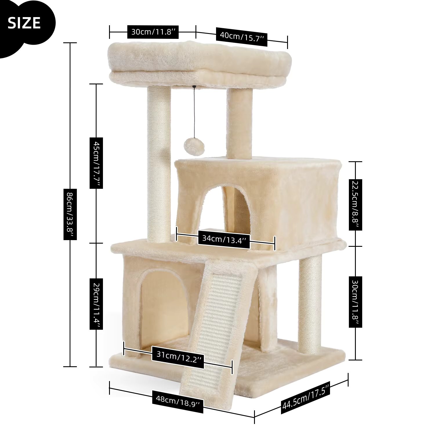 Cat Tree Wooden Cat Tower With Double Condos, Spacious Perch, Fully Wrapped Scratching Sisal Posts And Replaceable Dangling Ball