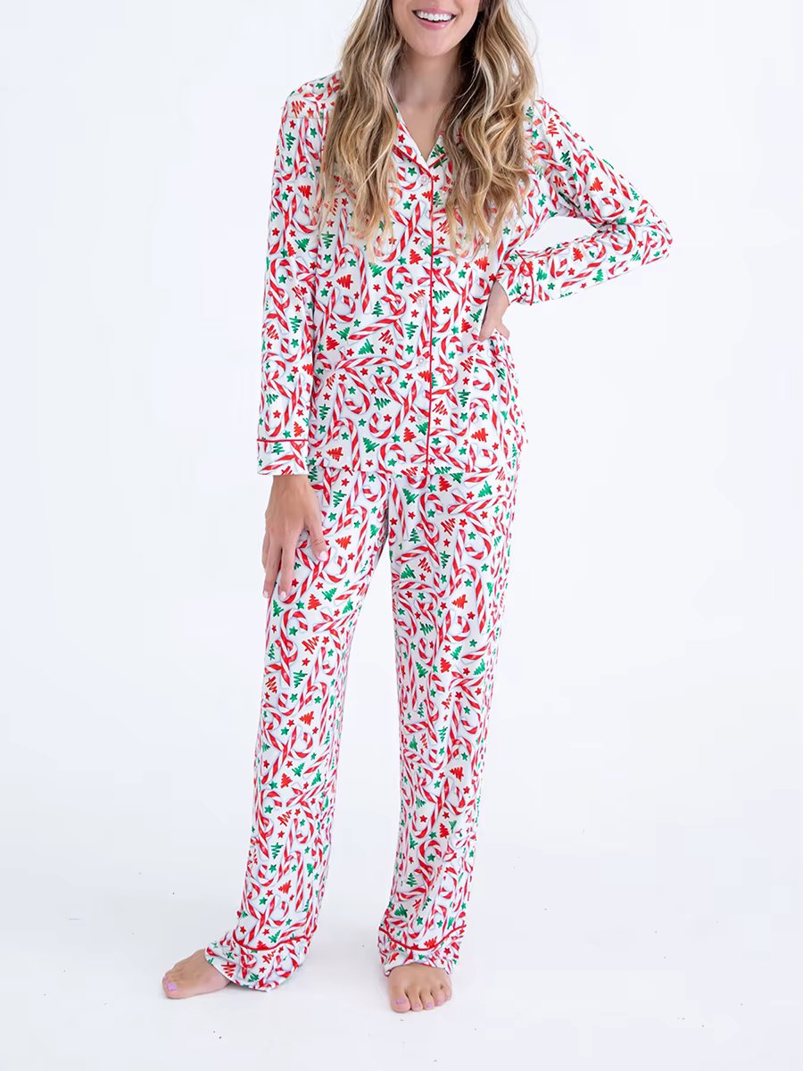Women s 2 Piece Lounge Set Long Sleeve Candy Cane Print Shirt Wide Leg Pants Sleepwear Sets