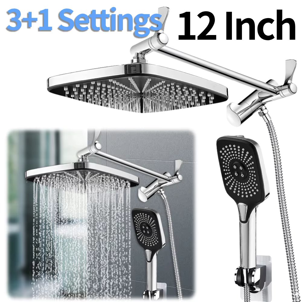 12 Inch Rainfall Rain Shower System Height/Angle Adjustable Top Spray Wall-Mount Shower Set 4 Settings Pressurized Shower Head