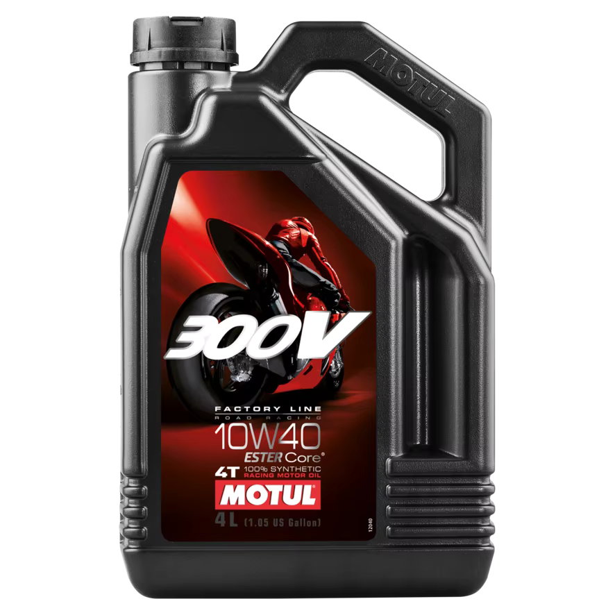 Motul 104121 motor oil for motorcycles 300V FL ROAD RACING 10W40 4L. Synthetic 100% lubricant biker