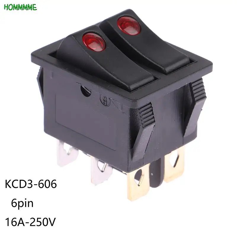 6Pin KCD3-606 Double Rocker Switch With Light ON/OFF Power Button Switch Electric Baking Pan Electric Heater Switch 16A~250V AC