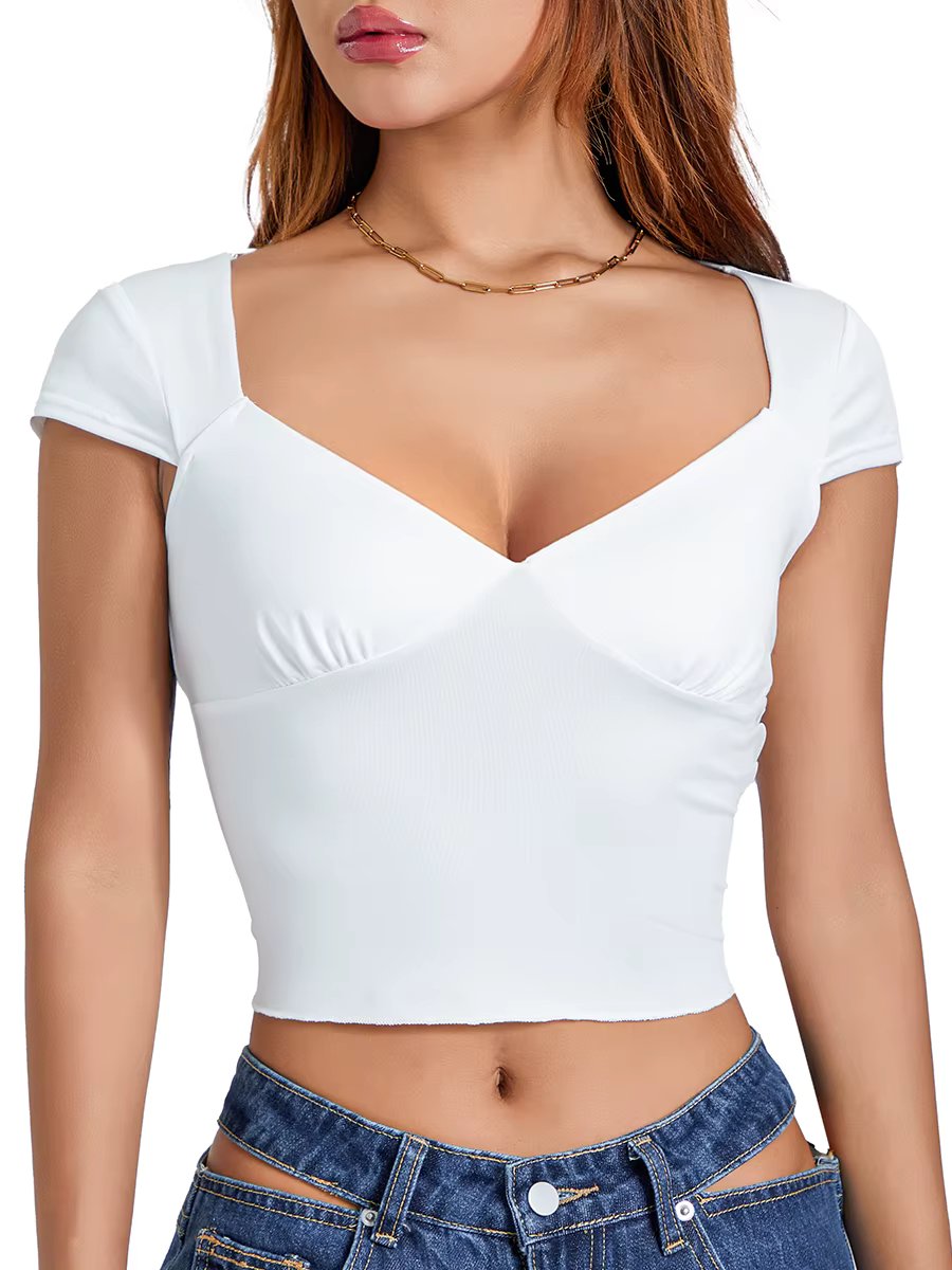 Women Short Sleeve Crop Tops Solid Color Sweetheart Neckline T-Shirts Summer  Fit Shirts Streetwear