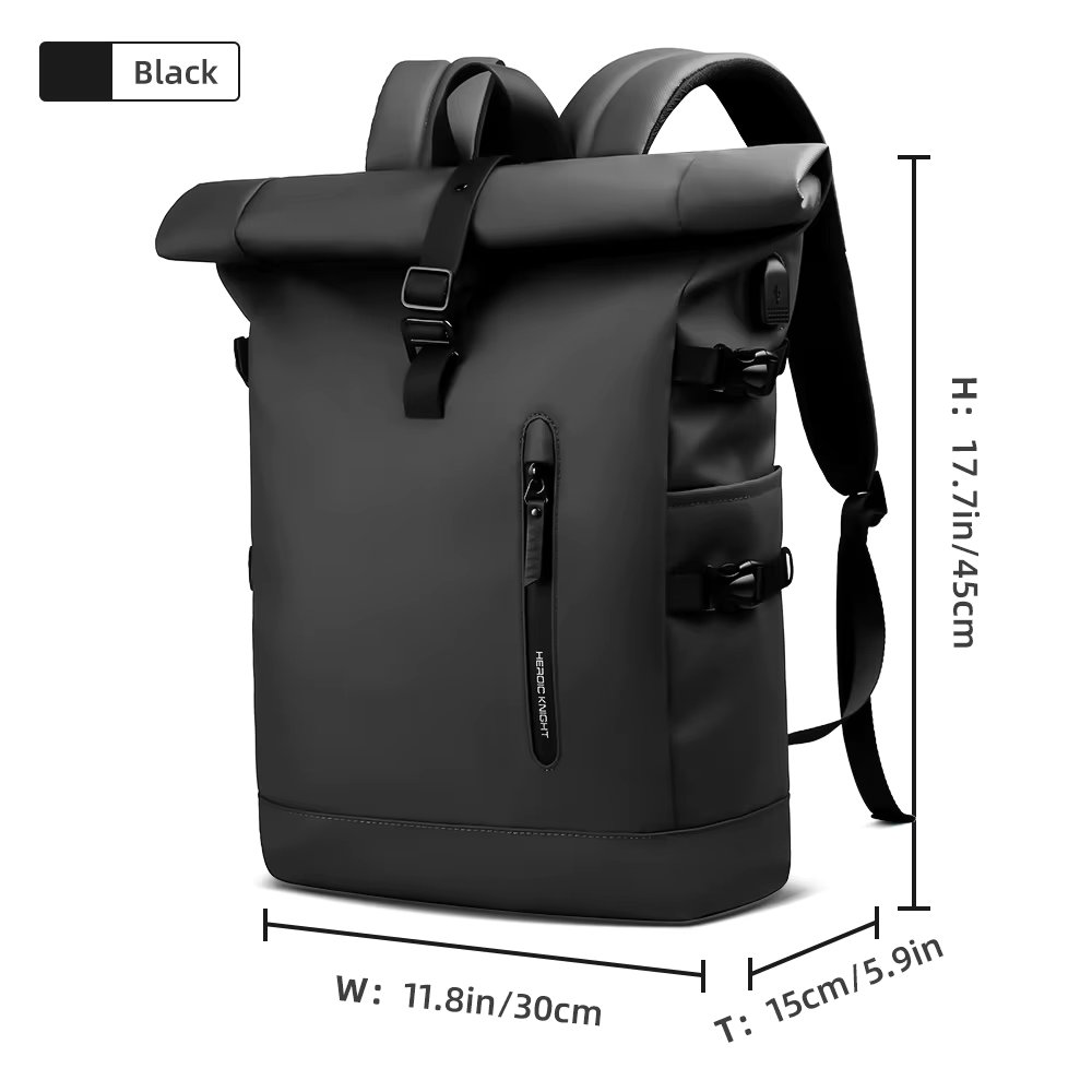 HK Expandable Waterproof Travel Backpack for Men Roll-Top Large Capacity 15.6 Inch Laptop Backpack with USB Hiking Camping Pack