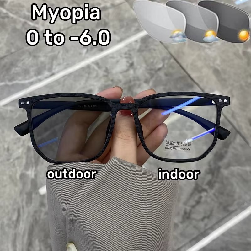 Fashion Photochromic Myopia Glasses Men Women Square Anti Blue Light Finished Prescription Eyewear Ultralights Retro Glasses