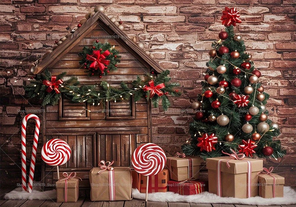 Christmas Photography Backdrop Xmas Tree Wooden House Candy Decors Banner Kids Birthday Party Supplies Photo Background Studio